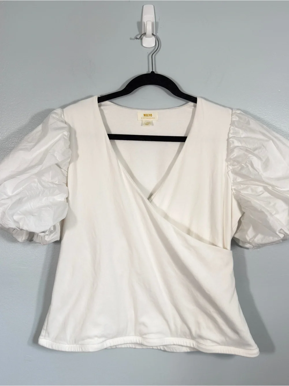 Maeve Anthropologie Puff Sleeve Faux Wrap Surplus Cotton Knit Top White XL